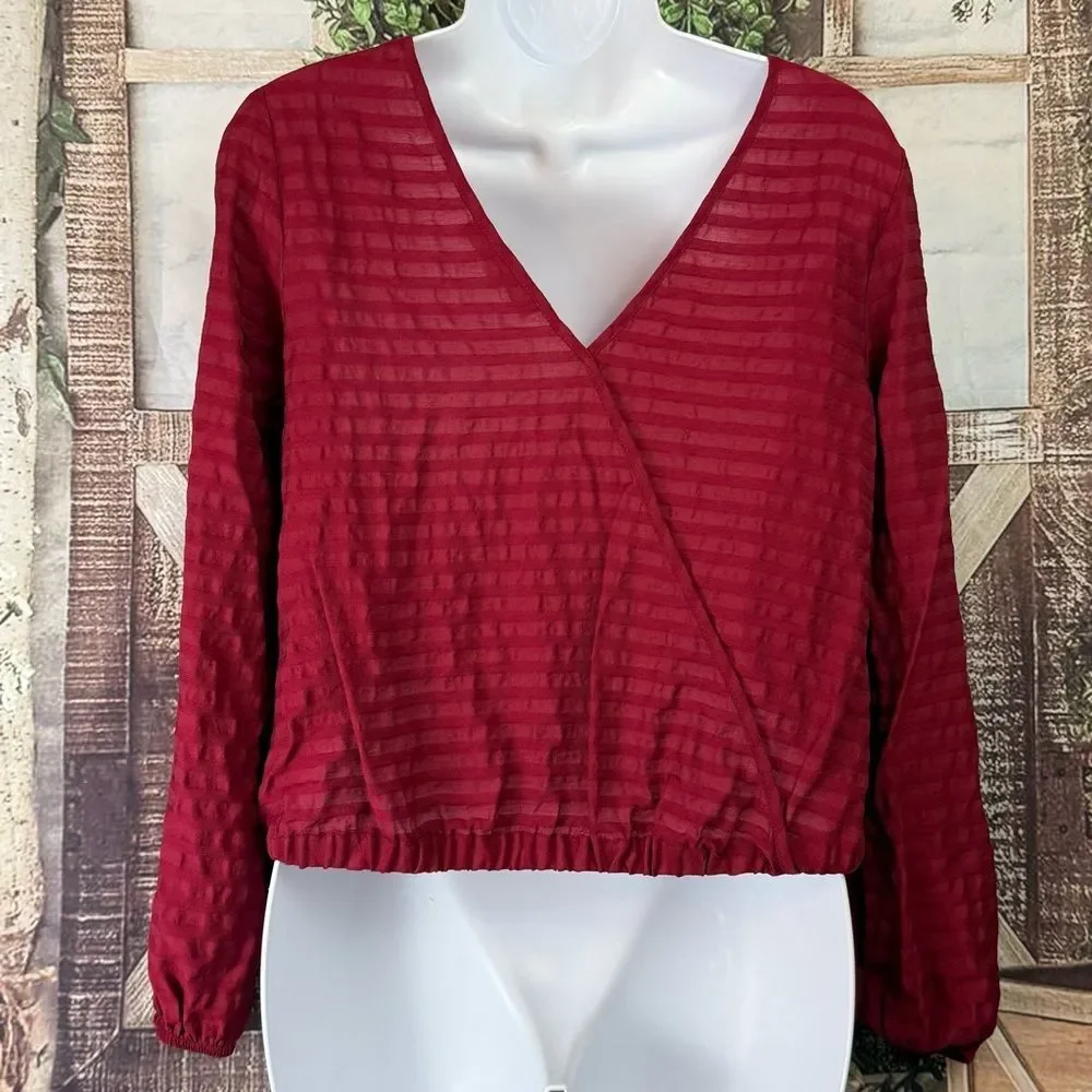 Loft striped wrap cropped v back elegant top puff sleeve casual blouse XS